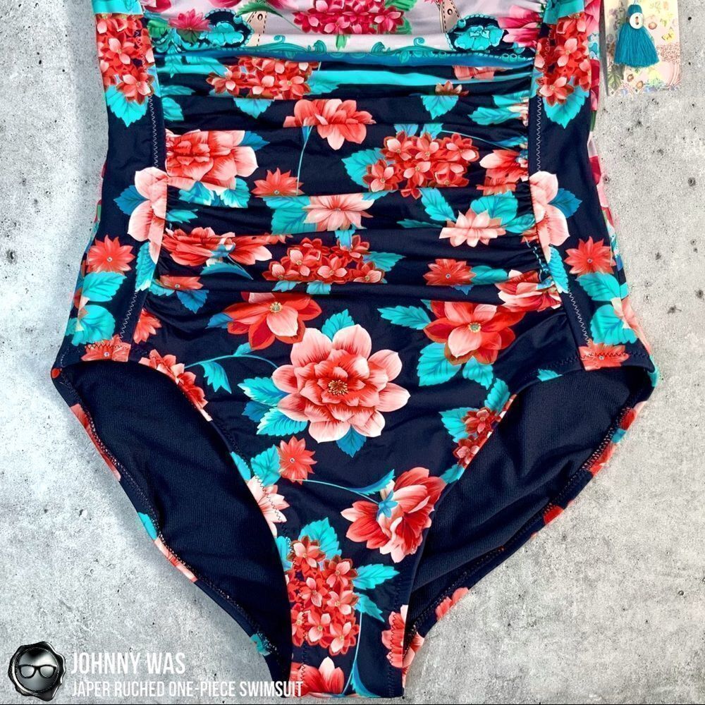 JOHNNY WAS JAPER RUCHED ONE PIECE SWIMSUIT IN FLORAL BLUE RED SMALL, LARGE NEW - Picture 10 of 16